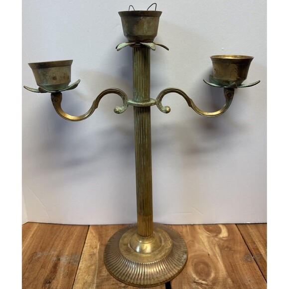 Other - VTG 3 Arm Brass Candelabra Candle Holder Scroll Ribbed Large 15 3/4 high 13 Inch